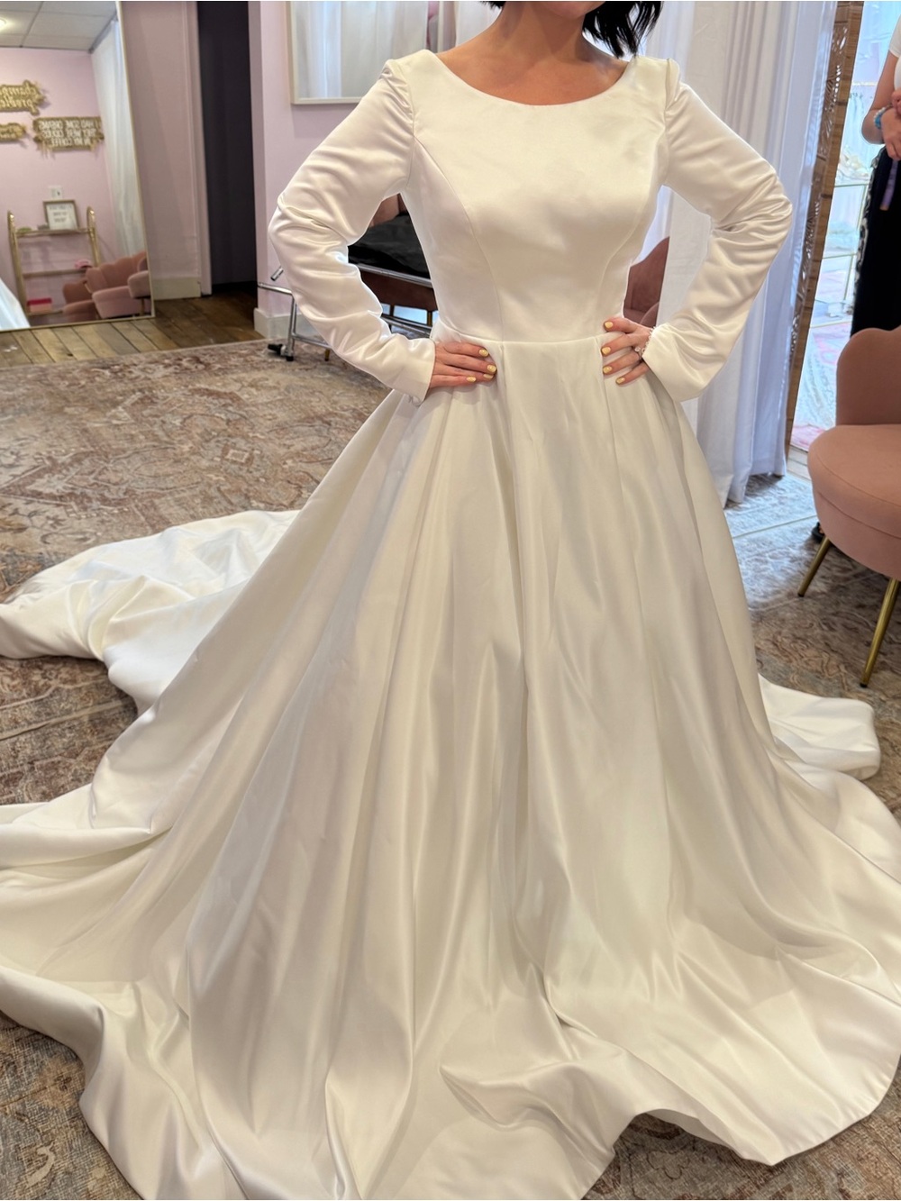 Timeless Ivory Satin Long-Sleeve Bridal Dress brand new